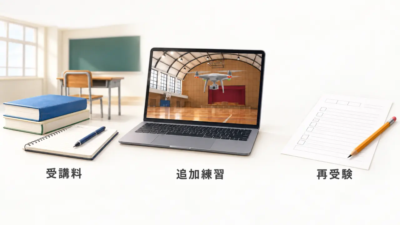 受講料・追加練習・再受験という費用項目を分けて考える概念図