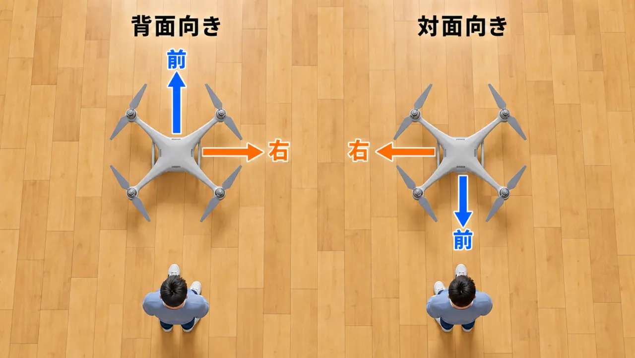 背面では機体の前は奥、右は図の右。対面では前は手前、右は図の左になる概念図