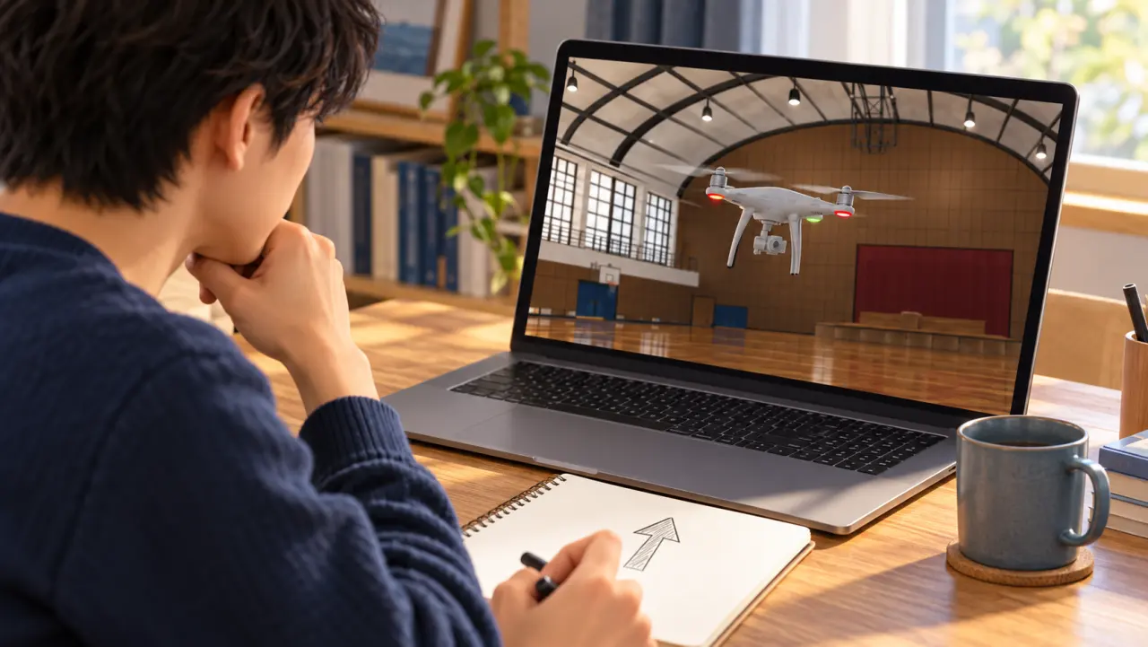 画面内の機体の向きとノートに描いた方向を見比べる初心者のイラスト
