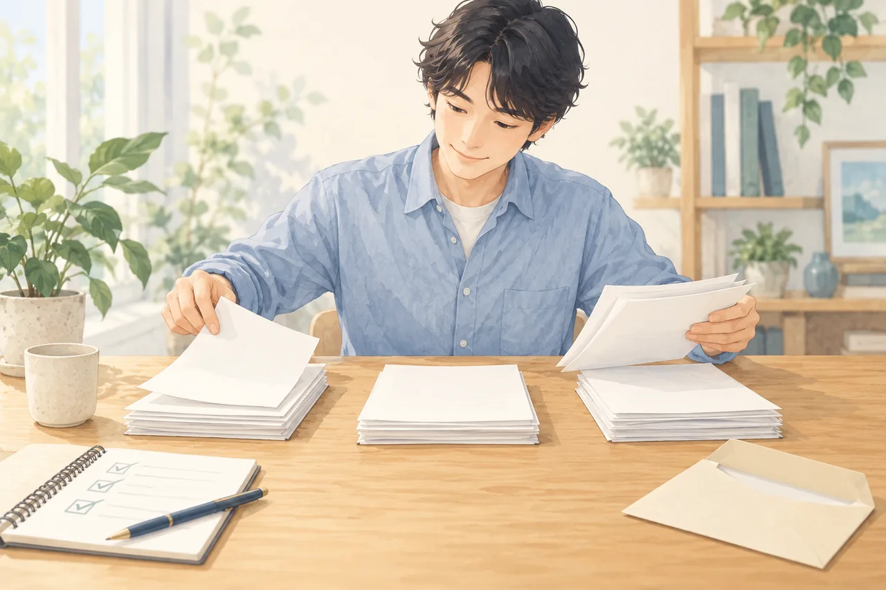 机に並べた書類の束を見比べながら整理する人