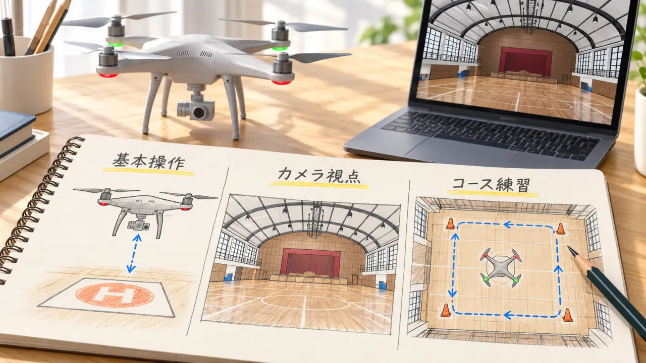 基本操作・カメラ視点・コース練習の目的をノートで整理する選び方のイラスト