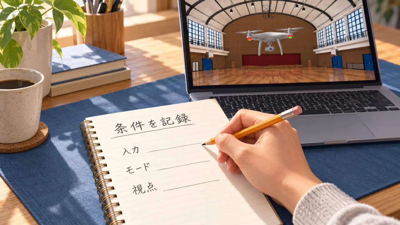 入力・モード・視点の条件をノートに記録し、画面内の機体を観察するイラスト