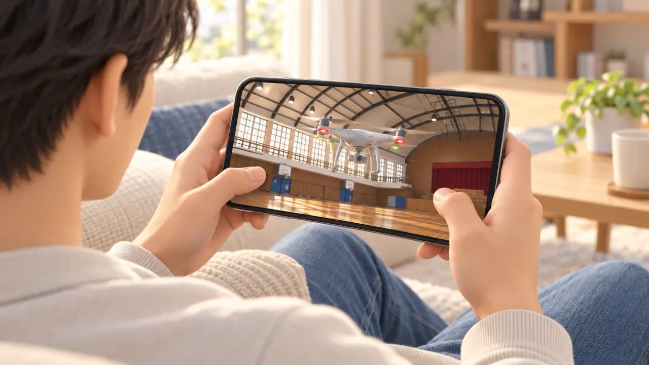 自宅で横向きのスマホを持ち、画面内の機体を観察する練習のイラスト